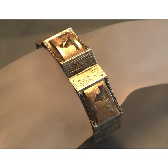 Vintage Silver Shadowbox Bracelet Peru Llama Cactus Boat - Picture 3 of 9